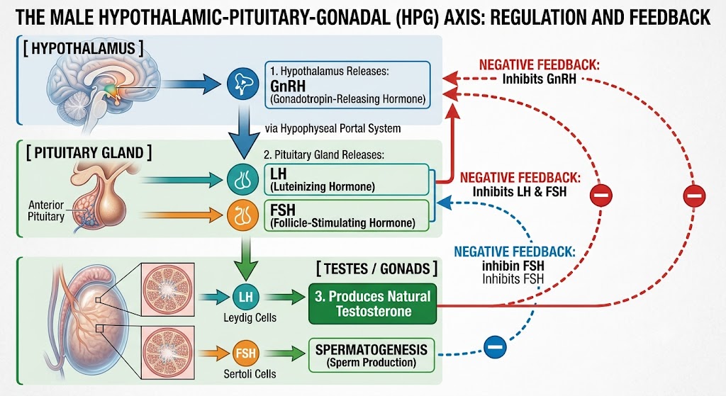 [Hypothalamus] --> Releases GnRH
       │
       ▼
[Pituitary Gland] --> Releases LH & FSH
       │
       ▼
[Testes / Gonads] --> Produces Natural Testosterone